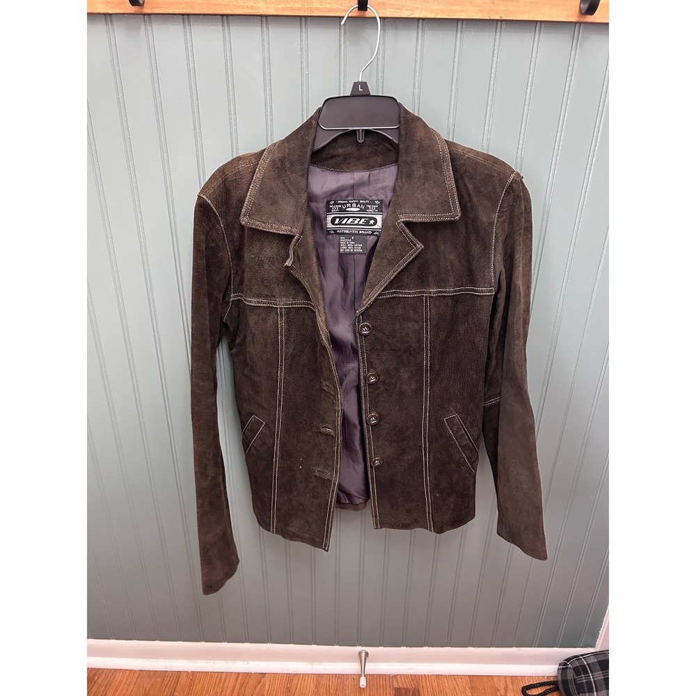 Urban Vibe Womens‎ Brown Suede Leather Jacket Contrast Stitch Button Up Small